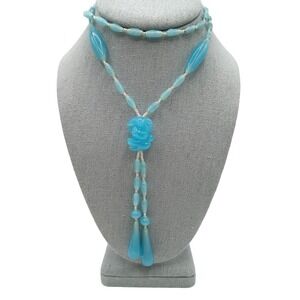 Vintage Blue Art Glass Beaded Lariat Necklace Tassel Black Swirl Clear Spacer Be